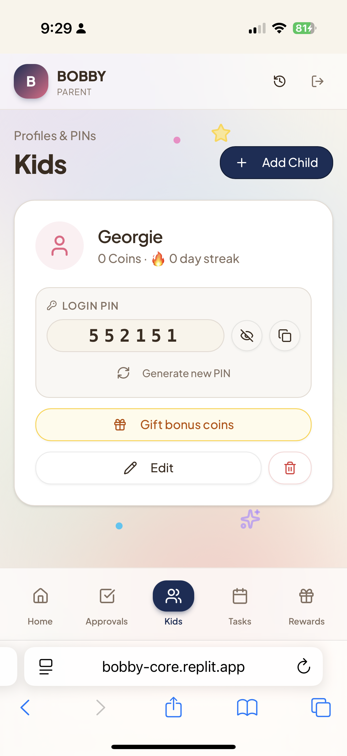BOBBY-home – Kids profiles & PINs