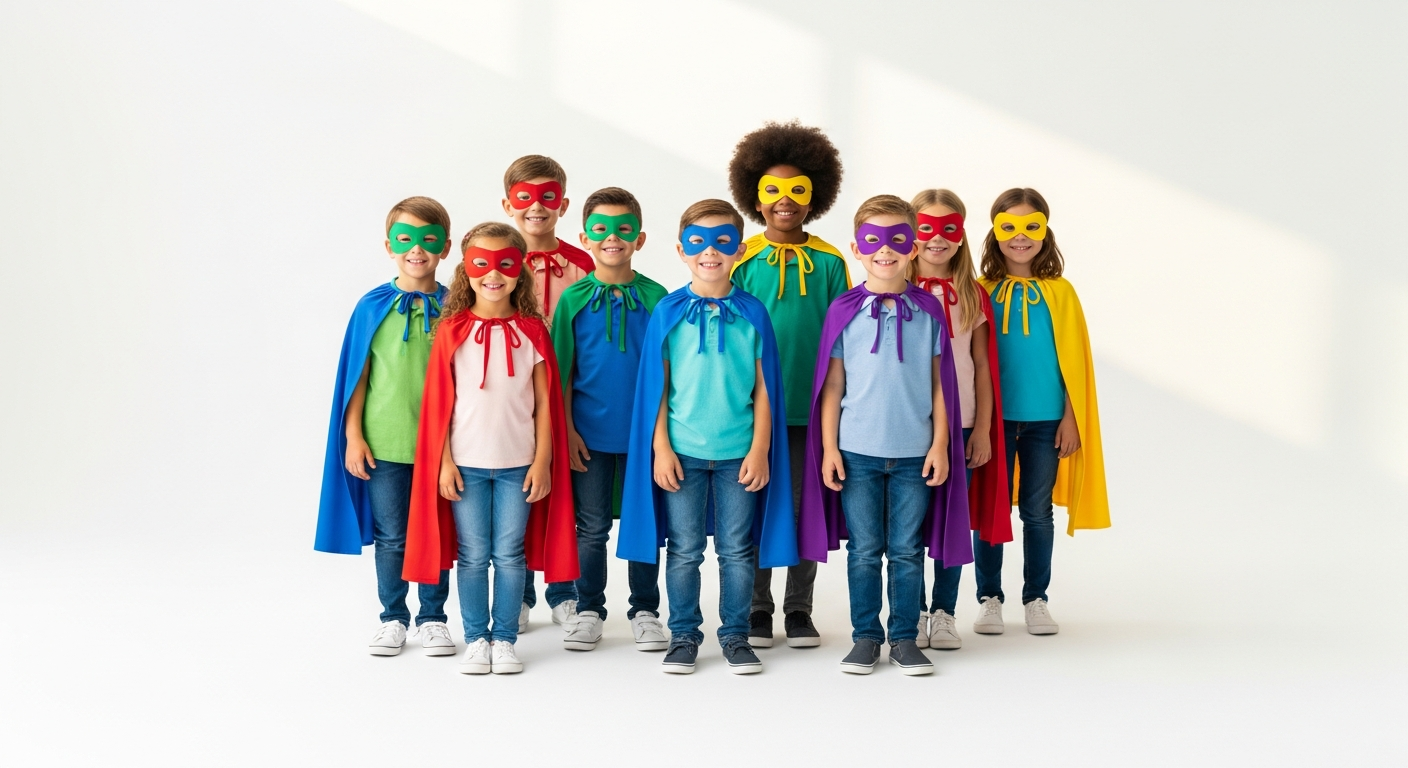 Home education made easy with Happy Home Education Diverse group of children in colorful superhero capes and masks, smiling together - Happy Home Education